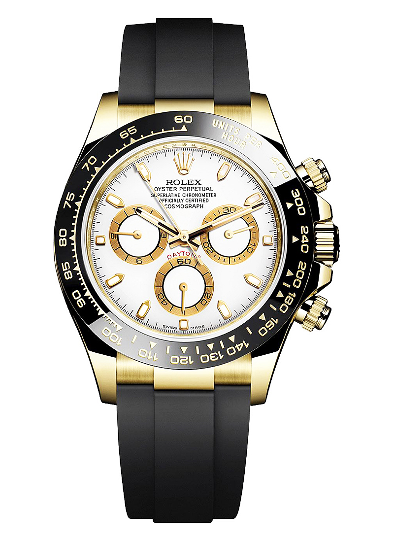 Daytona Cosmograph in Yellow Gold with Black Ceramic Bezel on Strap with White Stick Dial