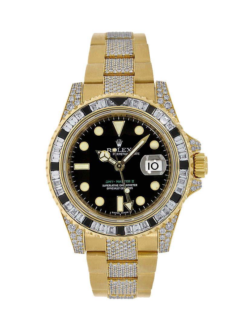 Pre-Owned Rolex GMT Master II in Yellow Gold - Diamonds on Bezel and Lugs