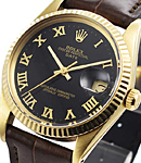 Oyster Perpetual Date 15037 in Yellow Gold Fluted Bezel on Strap with Black Roman Dial