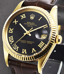 Oyster Perpetual Date 15037 in Yellow Gold Fluted Bezel on Strap with Black Roman Dial