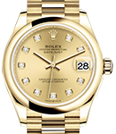 Datejust 31mm in Yellow Gold with Domed Bezel on President Bracelet with Champagne Diamond Dial