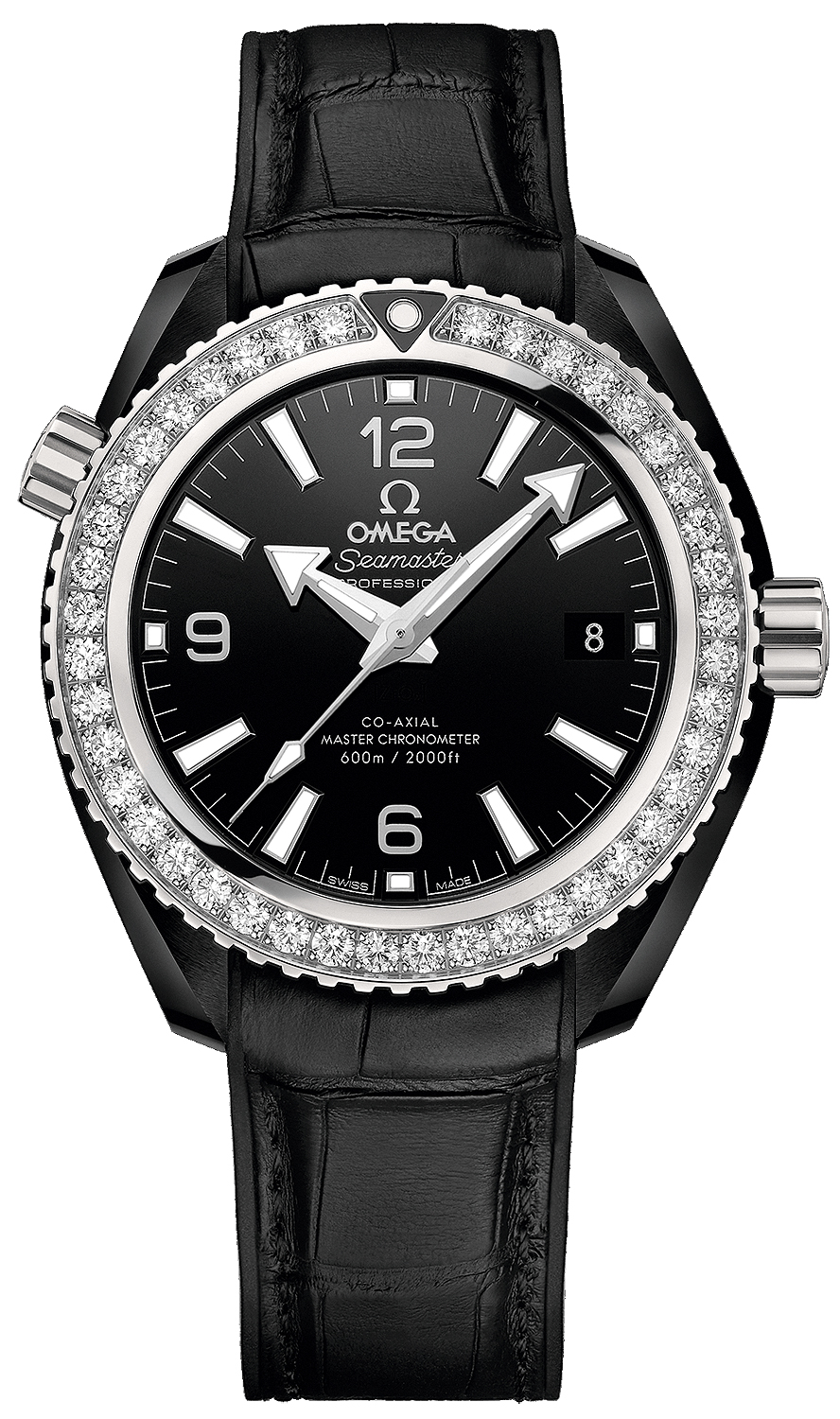 Planet Ocean 600m Co-Axial Master Chronometer 39.5mm in Ceramic with Diamond Bezel on Black Crocodile Leather Strap with Black Dial