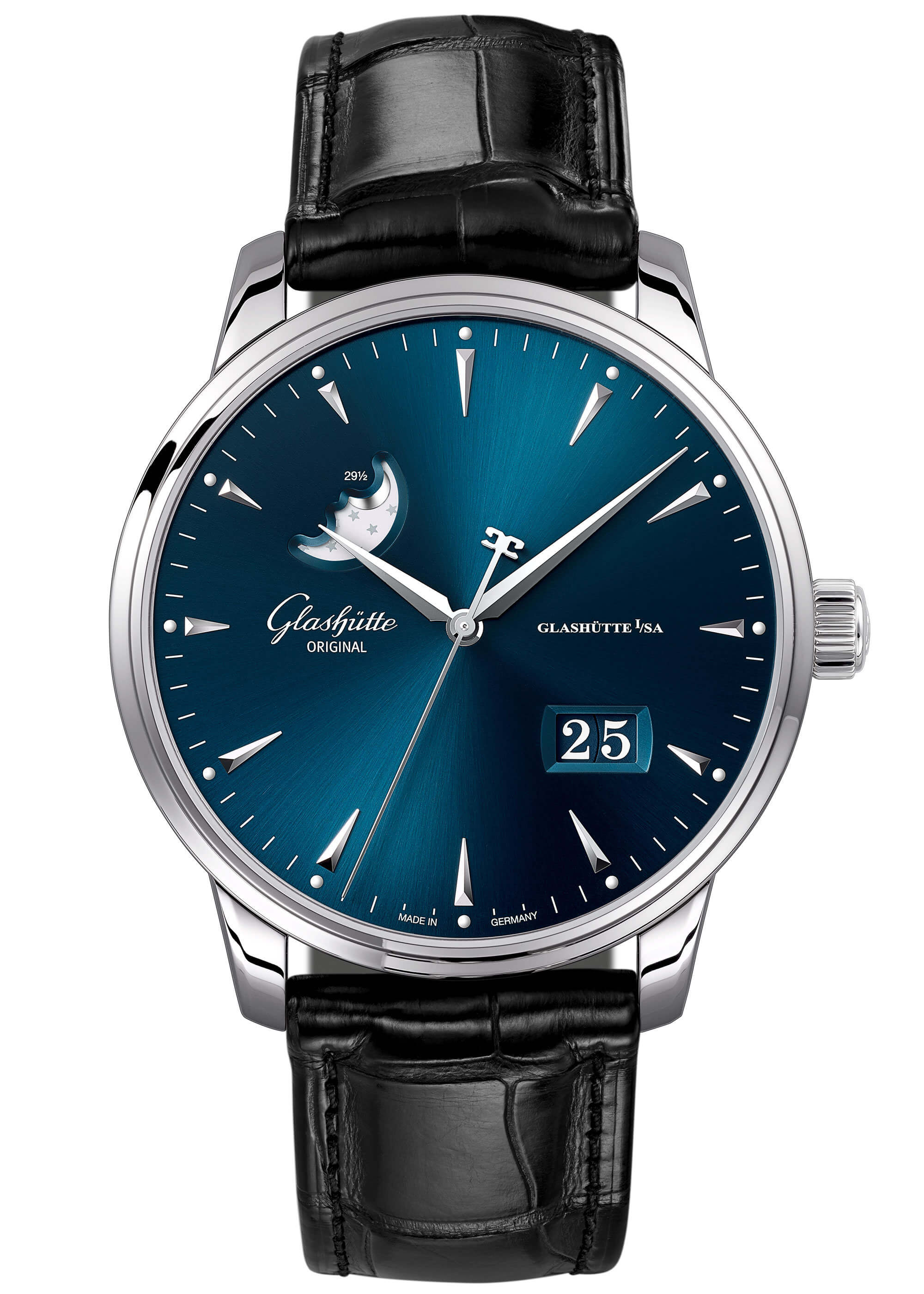 Senator Panorama Date Moonphase in Steel On Black Crocodile Strap with Blue Dial