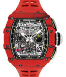 RM11-03 Flyback Red Quartz TPT NTPT in Carbon on Red Rubber Strap with Transparent Dial