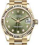 President 31mm Mid Size in Yellow Gold with Fluted Bezel on President Bracelet with Green Diamond Dial
