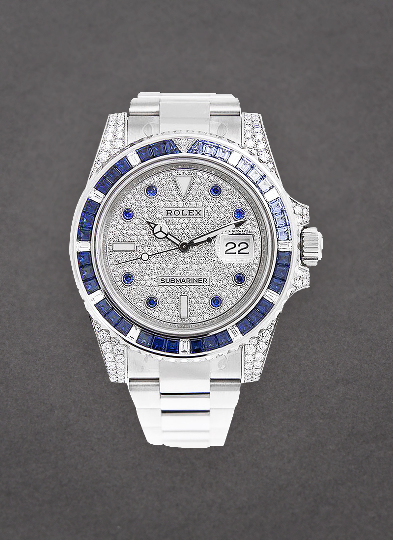 Rolex Unworn Submariner 40mm in White Gold with Blue Sapphire Bezel - Diamonds on Lugs