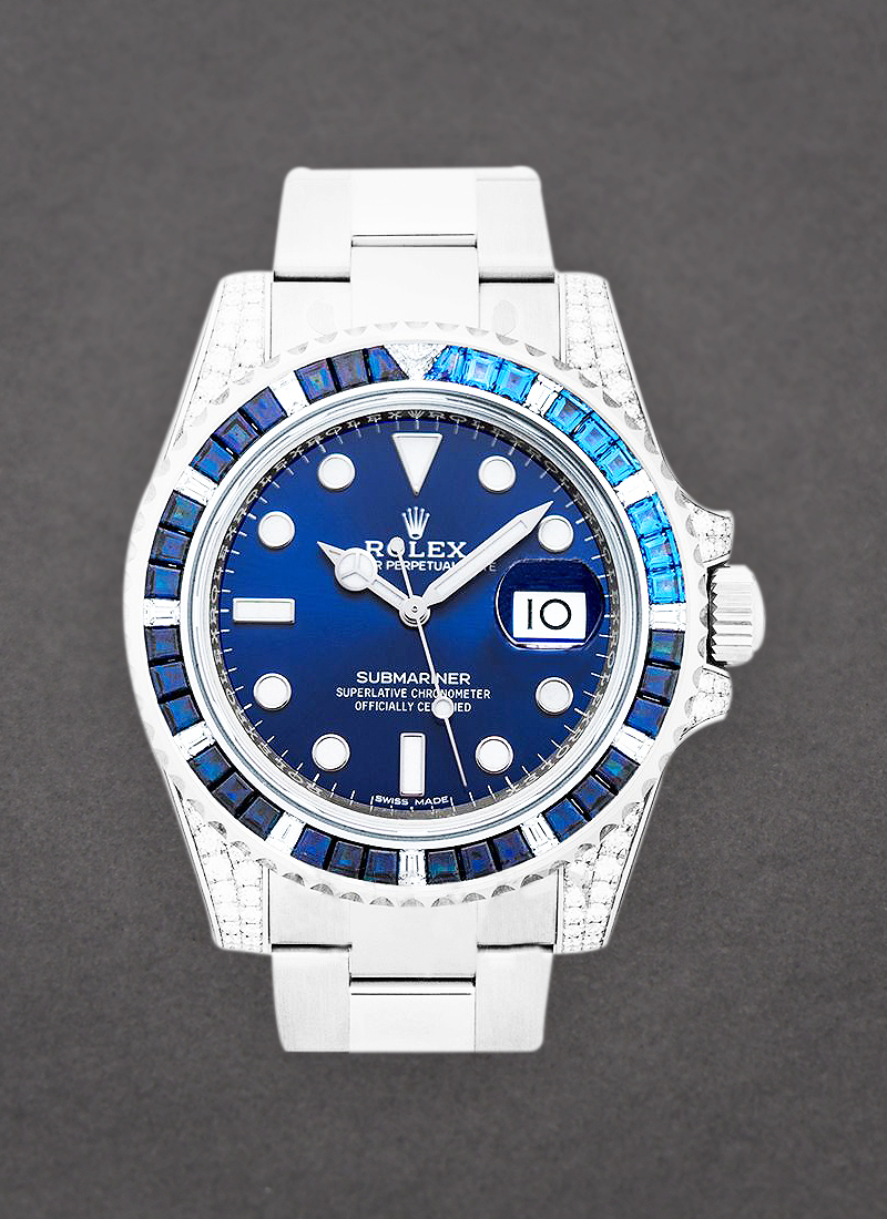 Rolex Unworn Submariner 40mm in White Gold with Blue Sapphire Bezel - Diamonds on Lugs