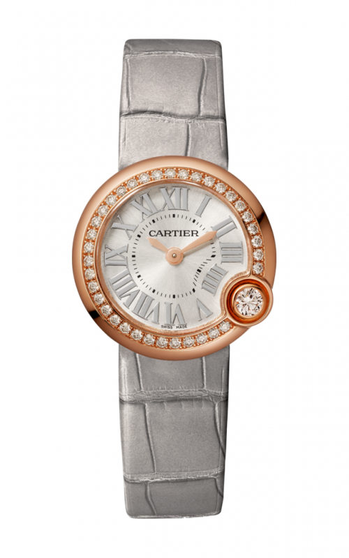 Ballon Blanc de Cartier 26mm in Rose Gold with Diamond Bezel on Semi-Matt Light Grey Leather Strap with Silvered Sunray-Brushed Dial