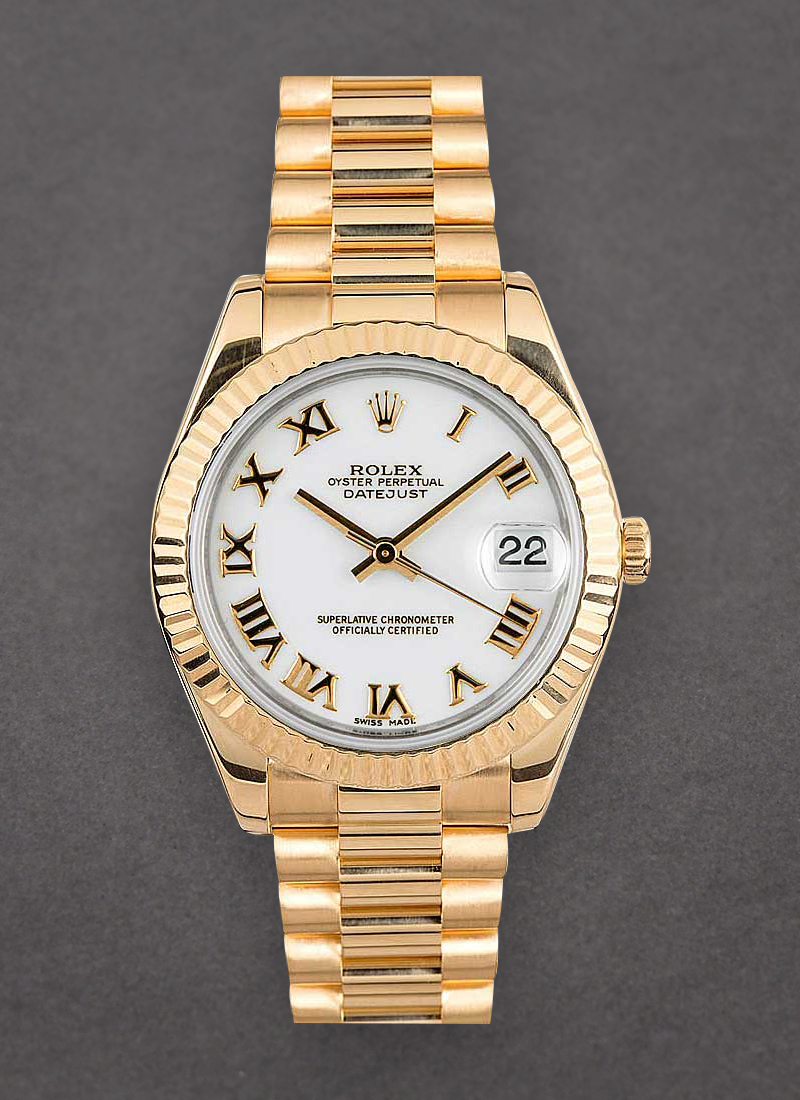 Rolex Unworn President 31mm Mid Size in Yellow Gold with Fluted Bezel