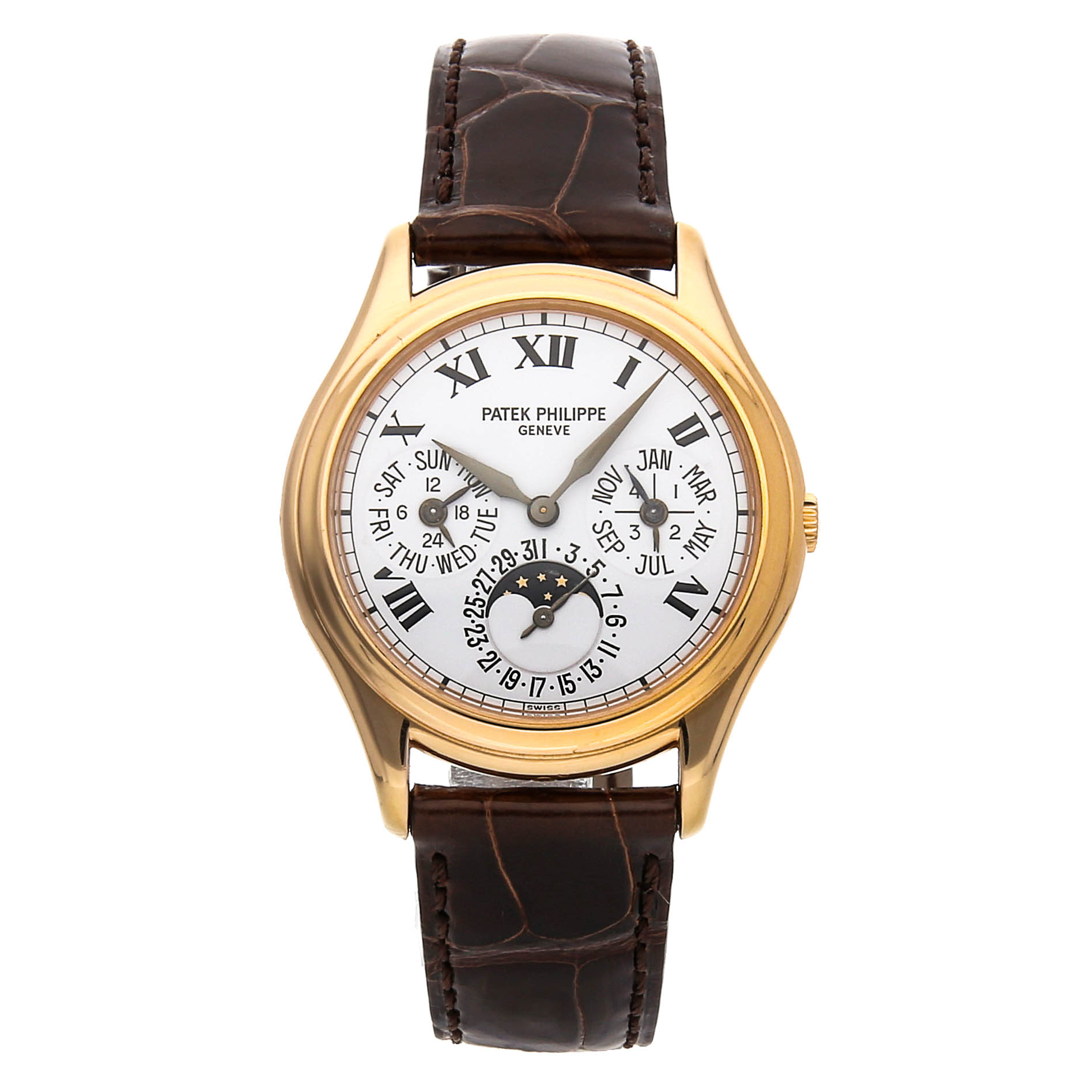 Perpetual Calendar 36mm Automatic in Rose Gold On Brown Alligator Leather Strap with White Dial