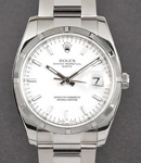 Date 34mm in Steel with Engine Turned Bezel on Oyster Bracelet with White Stick Dial