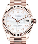 Datejust 31mm Mid Size in Rose Gold with Fluted Bezel on President Bracelet with MOP Diamond Dial