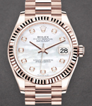 Datejust 31mm Mid Size in Rose Gold with Fluted Bezel on President Bracelet with MOP Diamond Dial