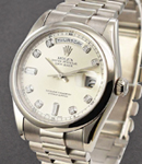 President Day Date 36mm in White Gold with Domed Bezel on President Bracelet ( heavy clasp ) with Silver Diamond Dial