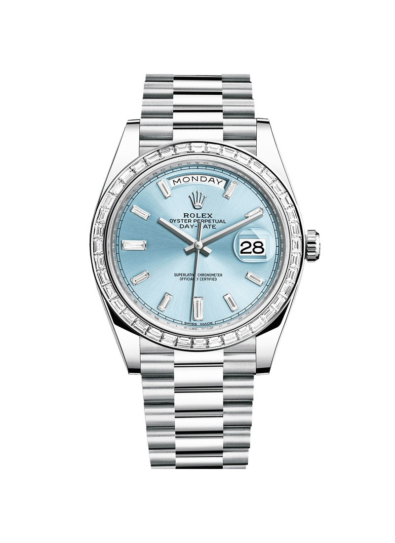 Pre-Owned Rolex Day Date 40mm in Platinum with Baguette Diamond Bezel