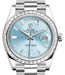 Day Date 40mm in Platinum with Baguette Diamond Bezel on Bracelet with Ice Blue Baguette Diamond Dial