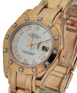 Masterpiece 29mm in Rose Gold with 12 Diamond Bezel on Pearlmaster Bracelet with MOP Roman Dial