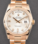 President 36mm Day Date in Rose Gold with Fluted Bezel on Bracelet with Silver Diamond Dial