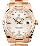 President 36mm Day Date in Rose Gold with Fluted Bezel on Bracelet with Silver Diamond Dial