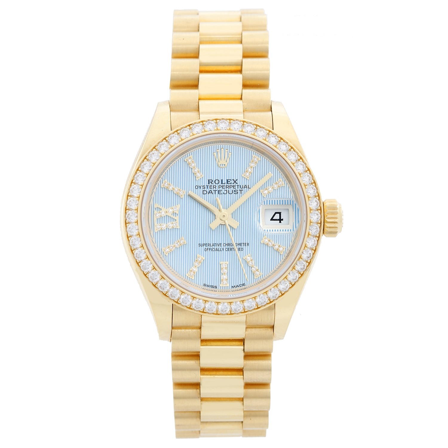 President 28mm in Yellow Gold with Diamond Bezel on Bracelet with Blue Tapestry Dial - Diamonds on Markers