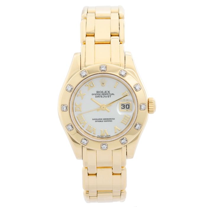 Masterpiece 29mm in Yellow Gold with 12 Diamond Bezel on Pearlmaster Bracelet with MOP Roman Dial