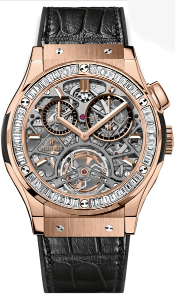 Classic Fusion Aerofusion Chronograph 45mm in Rose Gold with Baguette Diamond Bezel On Black Alligator Strap with Skeleton Dial