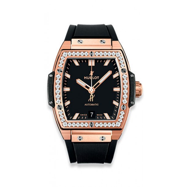Spirit of Big Bang 39mm in Satin Finished and Polished Rose Gold with Diamonds Bezel on Black Structured Lined Rubber Strap with Mat Black Dial