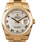 Day Date President 36mm in Yellow Gold with Smooth Bezel on Oyster Bracelet with White MOP Roman Dial