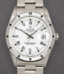 Date 34mm in Steel with Engine Turned Bezel on Bracelet with White Roman Dial