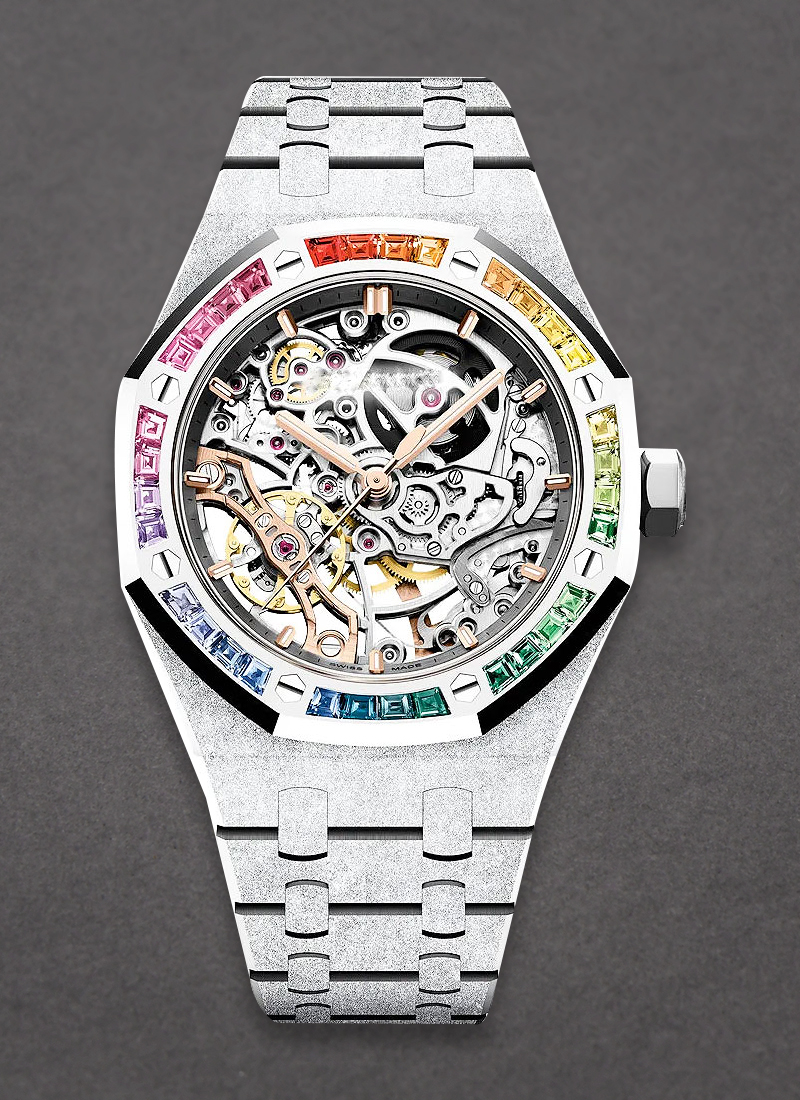 Audemars Piguet Royal Oak 37 Double Balance Wheel Openworked Frosted in White Gold with Sapphire Set/Rainbow Bezel