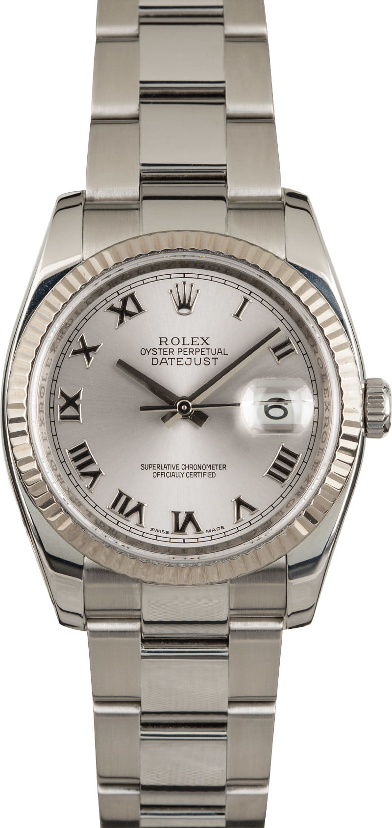 Men's Datejust 36mm in Steel with White Gold Fluted Bezel  on Bracelet with Rhodium Roman Dial