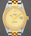 Date 34mm in Steel with Yellow Gold Fluted Bezel on Jubilee Bracelet with Champagne Stick Dial