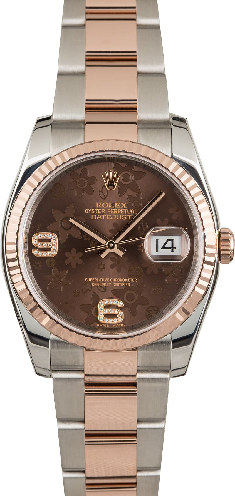 Datejust 36mm in Steel with Rose Gold Fluted Bezel on Bracelet with Chocolate floral Dial with Diamond 6 & 9
