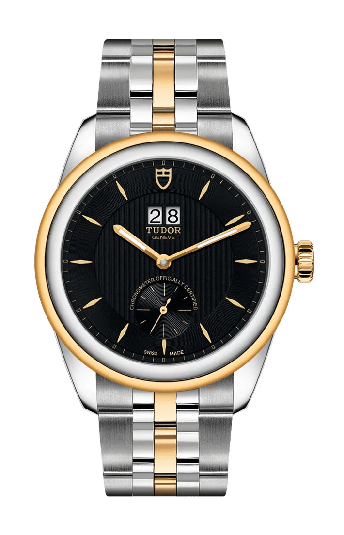 Glamour Double Date 42mm in Steel with Yellow Gold Bezel on Steel and Yellow Gold Bracelet with Black Dial