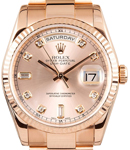 President 36mm Day Date in Rose Gold with Fluted Bezel on Oyster Bracelet with Pink Diamond Dial