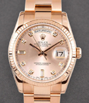 President 36mm Day Date in Rose Gold with Fluted Bezel on Oyster Bracelet with Pink Diamond Dial