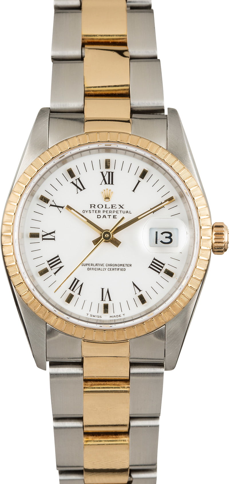 Date 36mm in Steel and Yellow Gold with Fluted Bezel on Bracelet with White Roman Dial