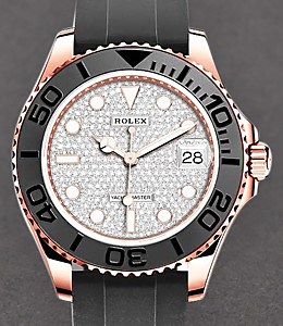 Yachtmaster 37mm in Rose Gold with Black Bezel on Strap with Pave Diamond Dial