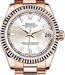 Datejust Midsize 31mm in Rose Gold with Fluted Bezel on Bracelet with Silver Stick Dial