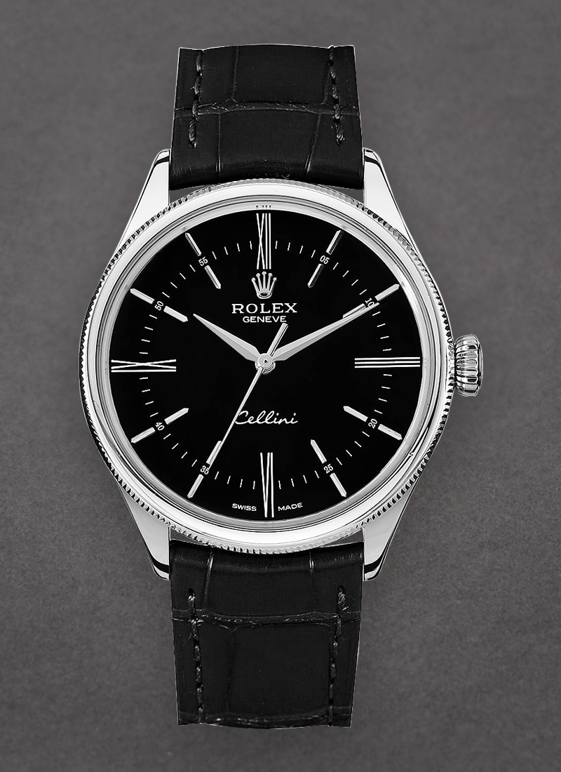 Cellini Time in White Gold on Strap with Black Roman and Stick Dial