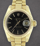 Ladies 26mm President in Yellow Gold with Fluted Bezel on Bracelet with Black Stick Dial