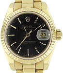 Ladies 26mm President in Yellow Gold with Fluted Bezel on Bracelet with Black Stick Dial