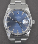 Date 34mm in Steel with Smooth Bezel on Oyster Bracelet with Blue Stick Dial