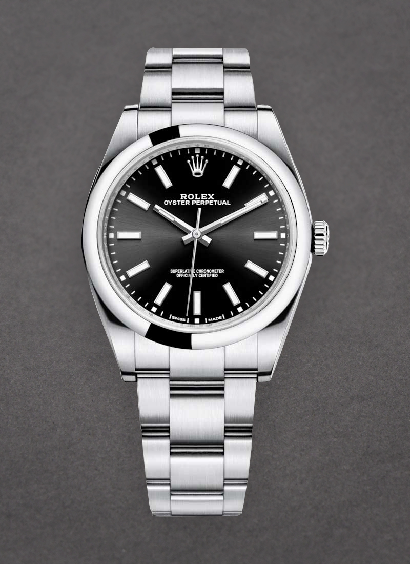 Oyster Perpetual 39mm in Steel with Domed Bezel on Oyster Bracelet with Black Stick Dial 114300