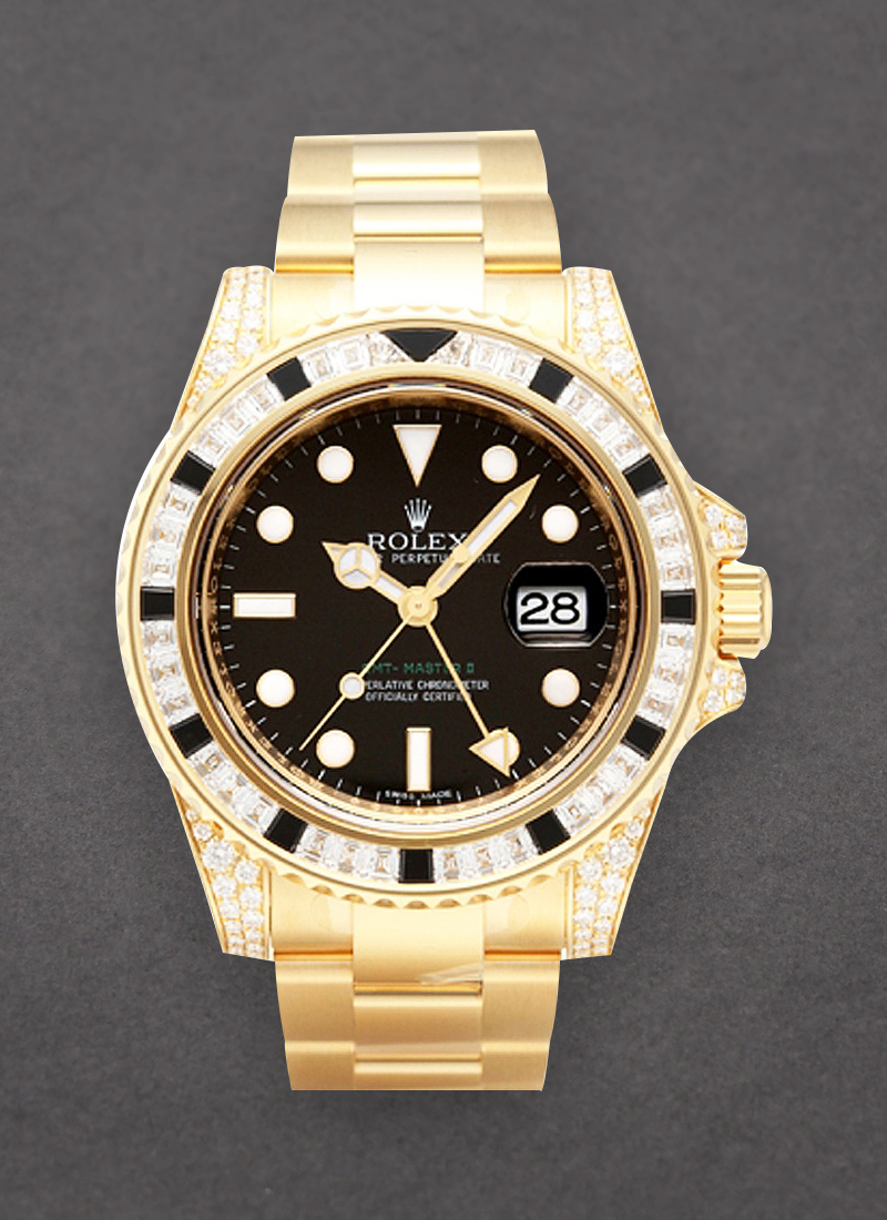 Pre-Owned Rolex GMT Master II 40mm in Yellow Gold with Diamonds on Bezel and Lugs