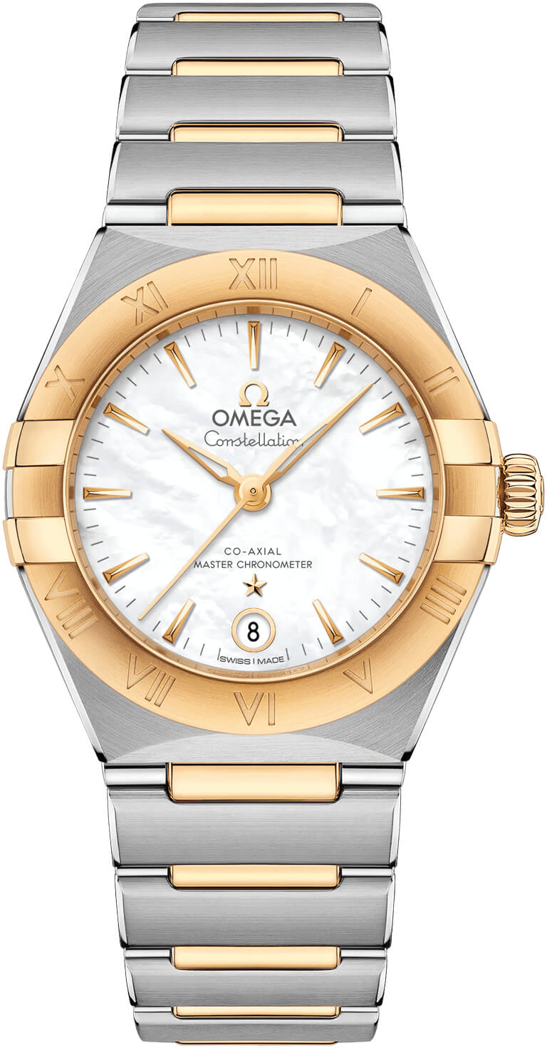 Constellation Manhattan Co-Axial Master Chronometer 29mm in Stainless Steel with Yellow Gold Bezel on 2-Tone Bracelet with 	Mother of Pearl Dial