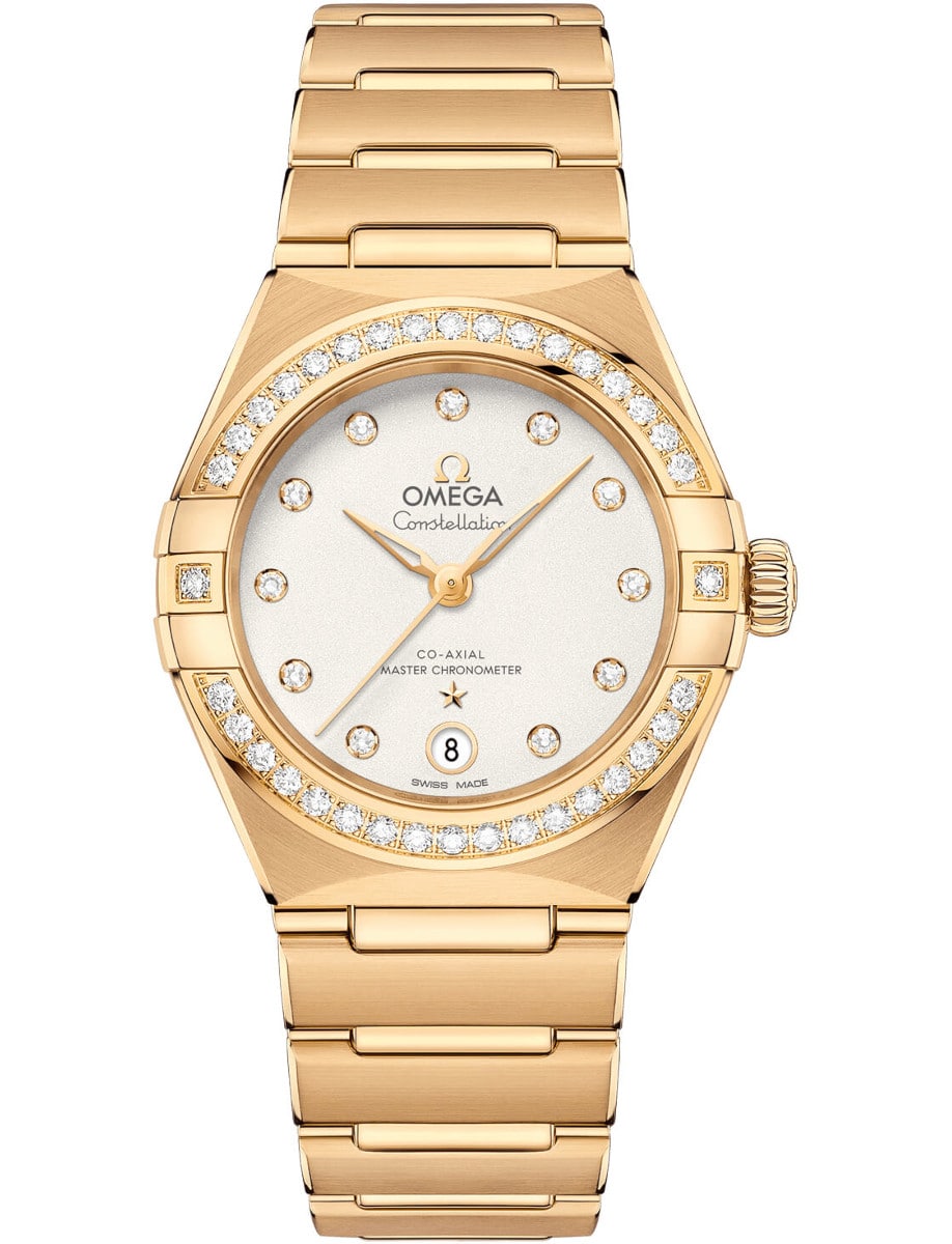 Constellation Manhattan Co-Axial Master Chronometer 29mm in Yellow Gold with Diamonds Bezel on Yellow Gold Bracelet with 	Silver Dial