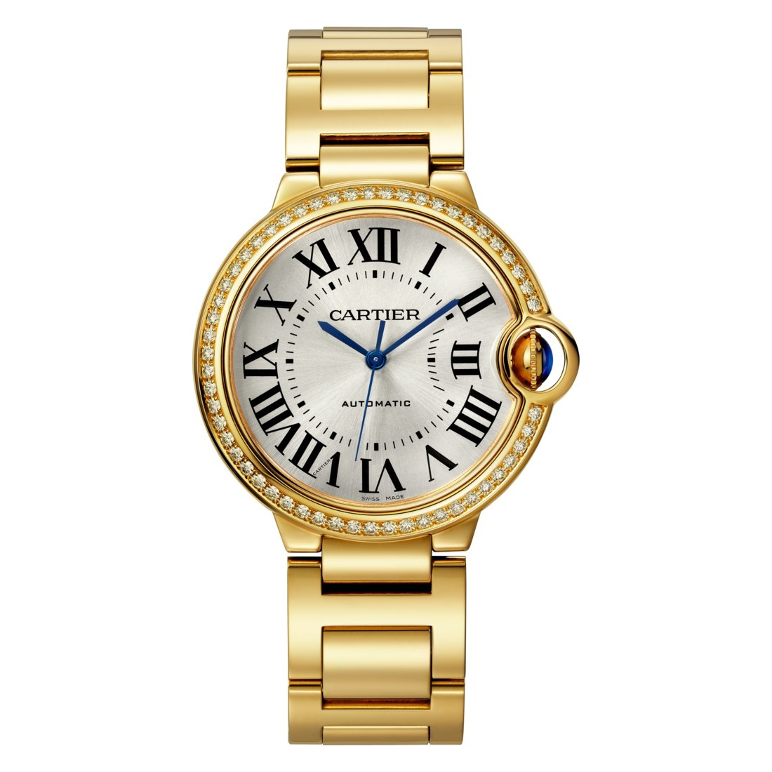 Ballon Bleu De Cartier in Yellow Gold with Diamonds Bezel on Brown Alligator Leather Strap with Silver Dial