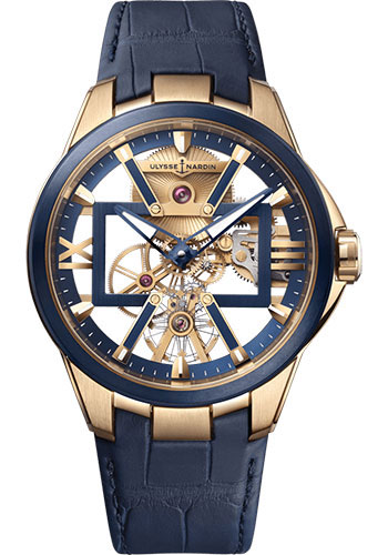 Executive Skeleton X 42mm in Rose Gold with Titanium Blue PVD Bezel on Blue Alligator Leather Strap with Rose Gold and Blue Skeleton Dial
