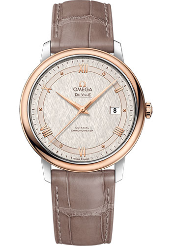 De Ville Prestige Co-Axial in Steel and Rose Gold Bezel On Taupe Brown Alligator Leather Strap with Ivory Silver Dial